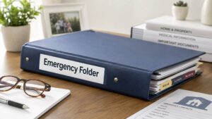 Emergency folder for family handover documents on table
