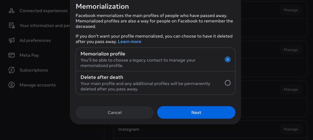 Facebook profile memorialization setting