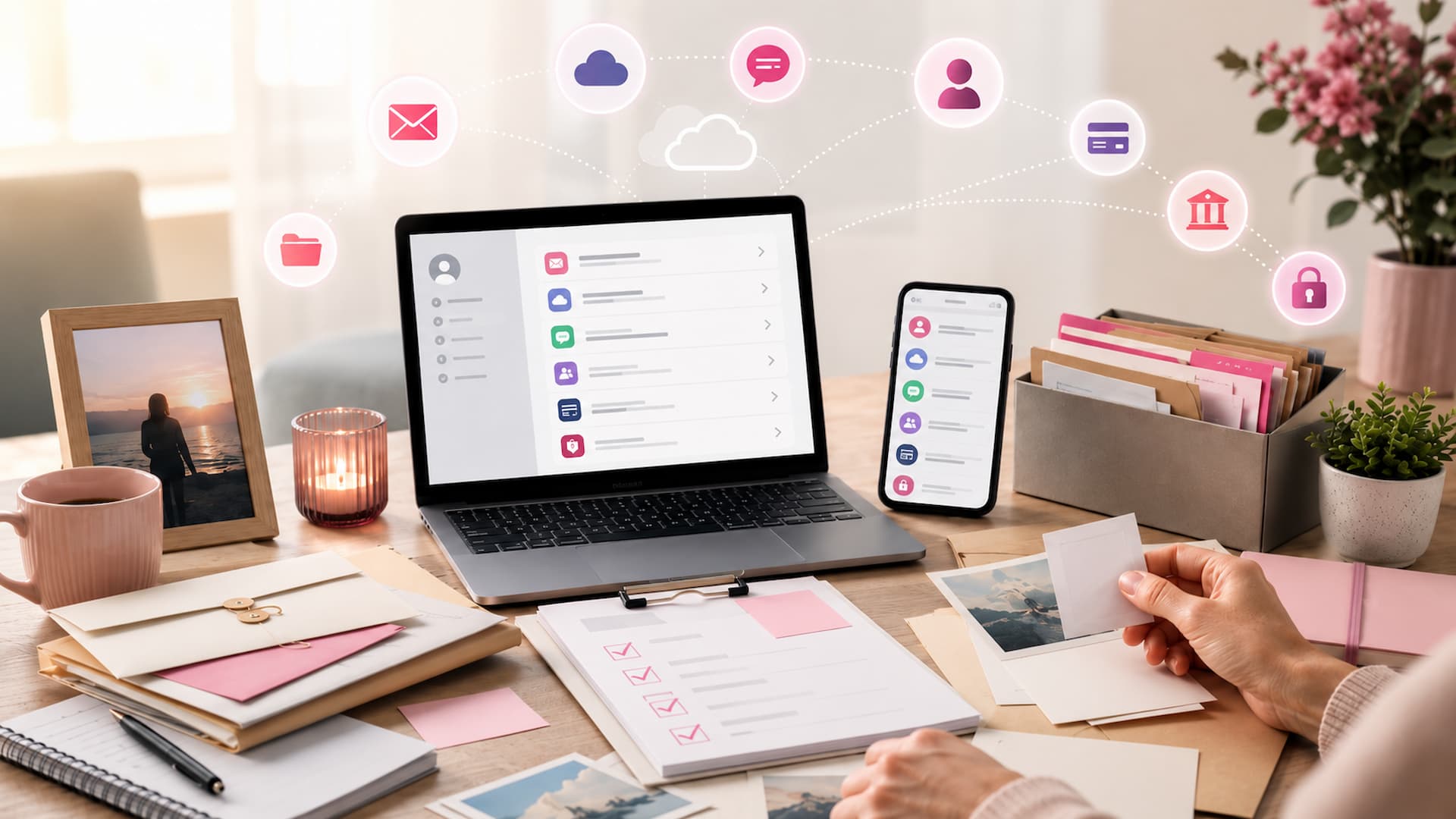 A person sorting documents and photos beside a laptop and phone showing digital account icons, symbolizing the manual work of managing online accounts after death.