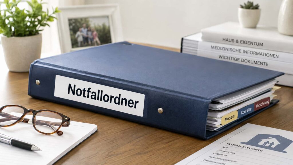 Notfallordner für wichtige Dokumente auf Schreibtisch