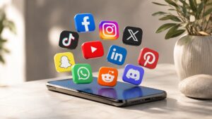 Social Media logos hovering over phone