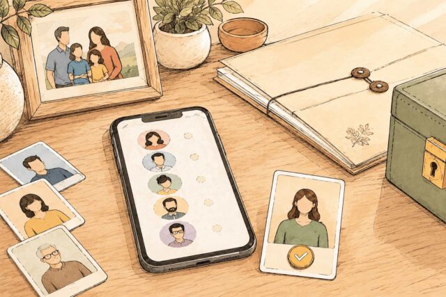 Illustration of choosing a trusted contact from several people for family handover and important documents.