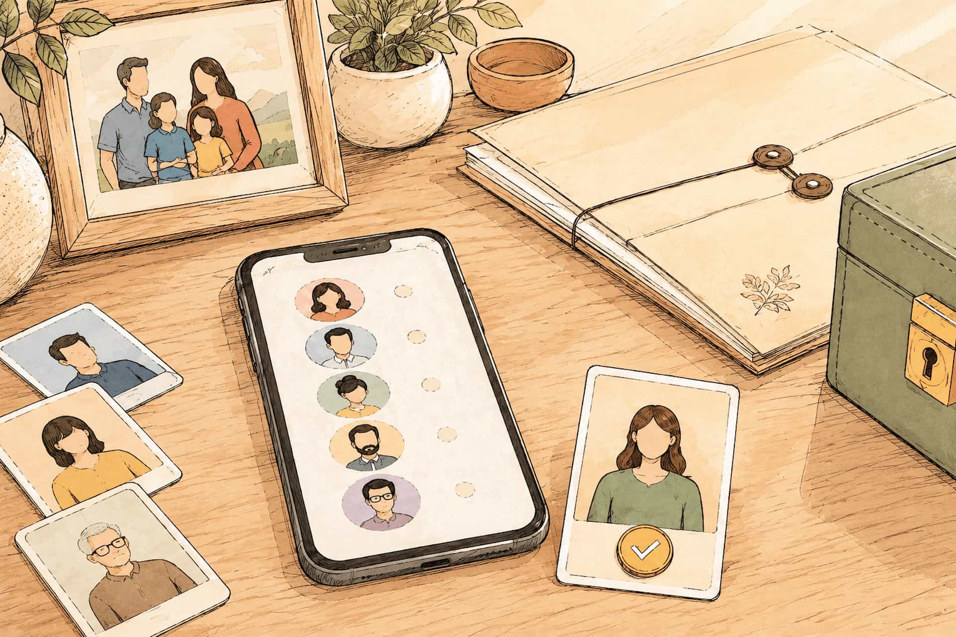 Illustration of choosing a trusted contact from several people for family handover and important documents.